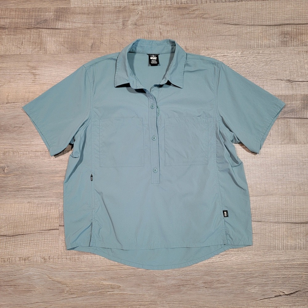 REI Co-op Womens Short Sleeve Pullover Shirt Blue Medium Nylon Hiking Outdoors